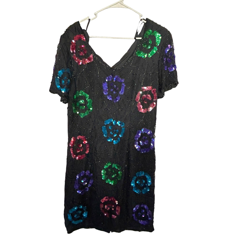 Style Works Sequin Shift Dress Womens 14 Multicolor Geometric Silk Cocktail
